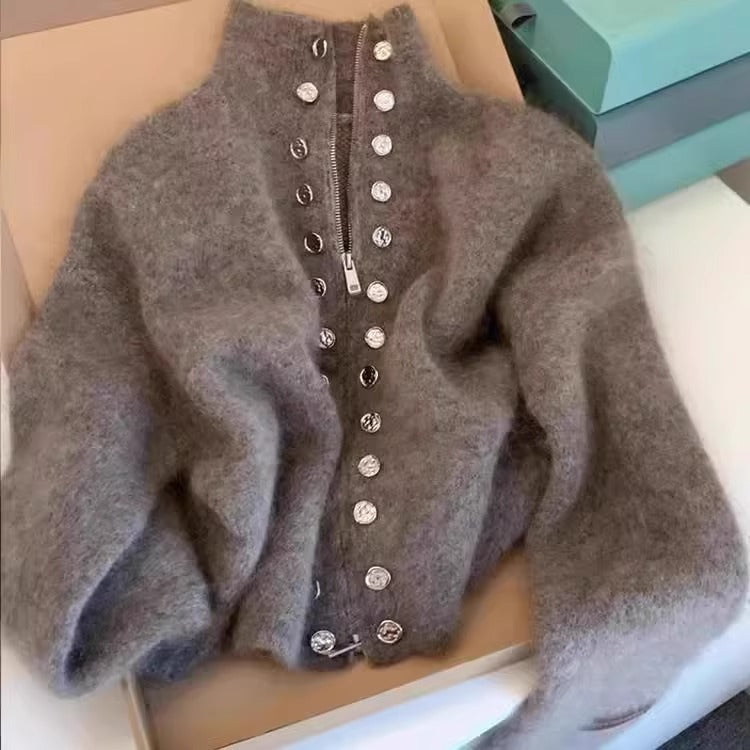 Nolwenn - Women's Brushed Knit Cardigan with High Neck