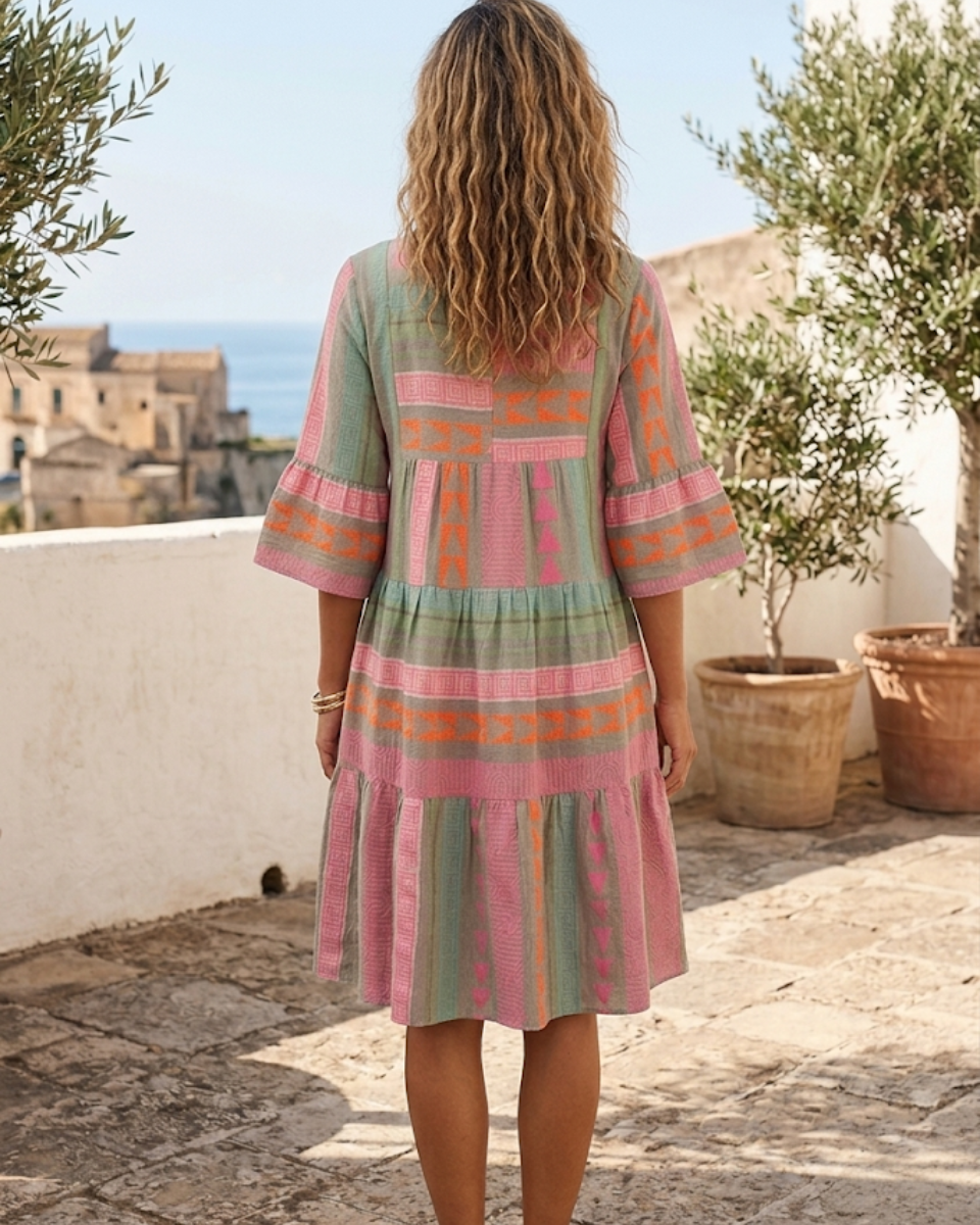 Women's Printed V-Neck Tiered Midi Dress Boho Style