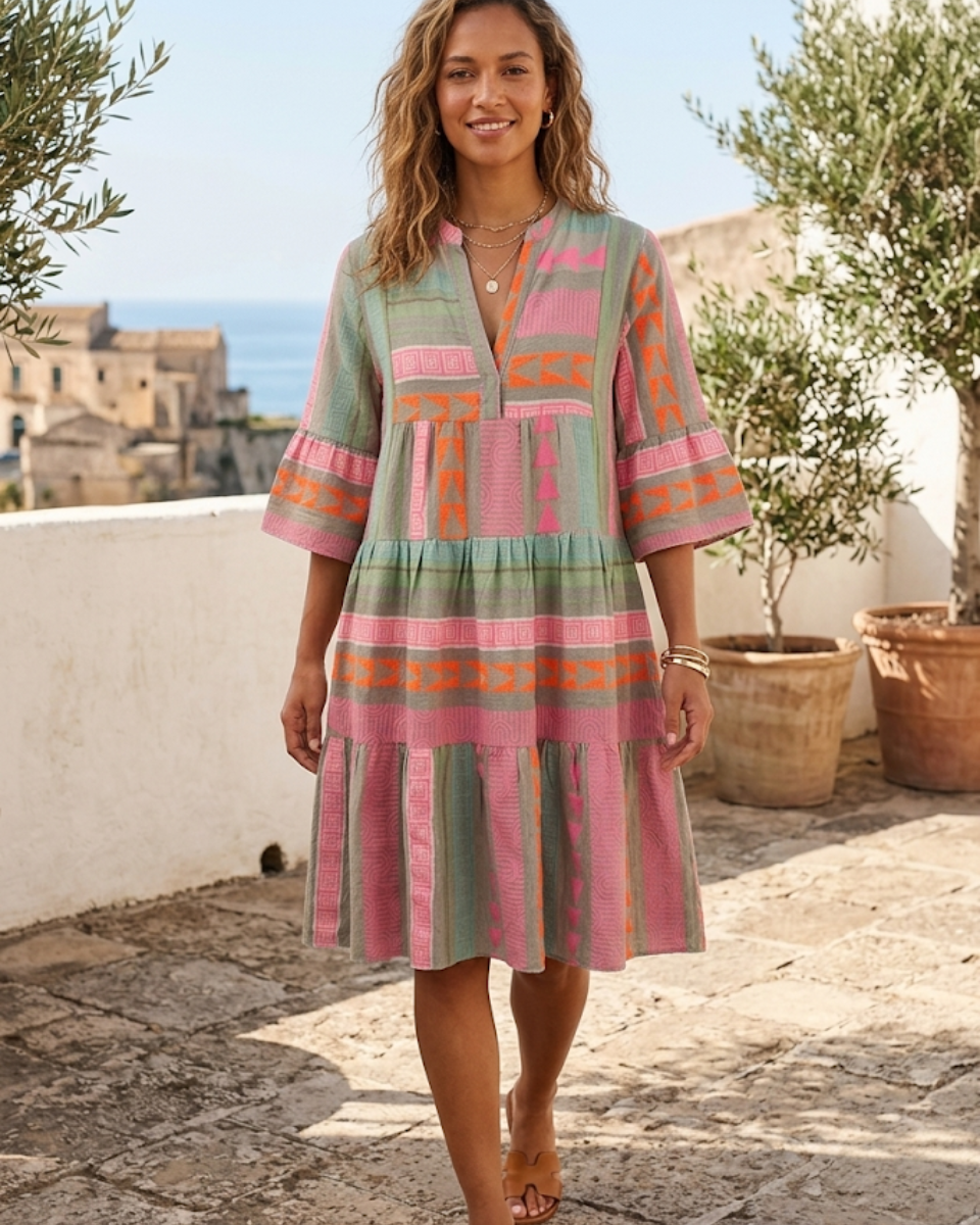 Women's Printed V-Neck Tiered Midi Dress Boho Style