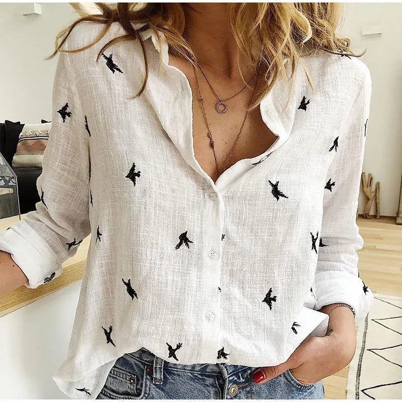 Scarlett - Women's Relaxed Bird-Print Button-Up Blouse - photo 4