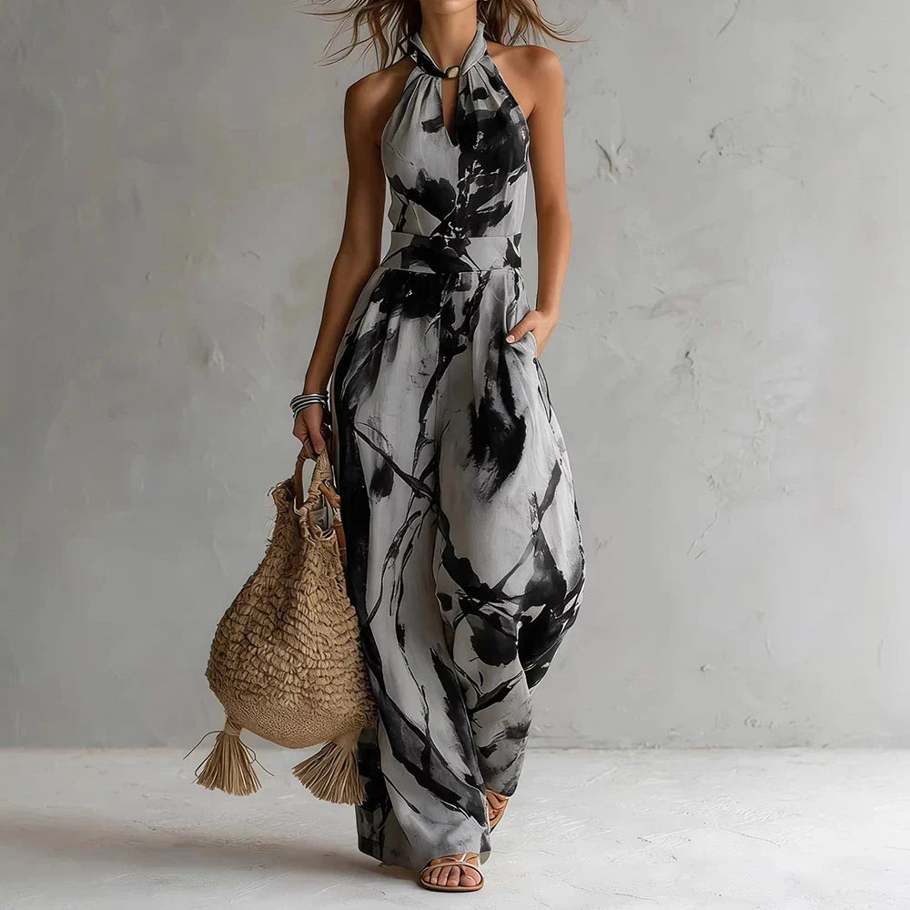 Women's Watercolor Print Halter Neck Summer Jumpsuit