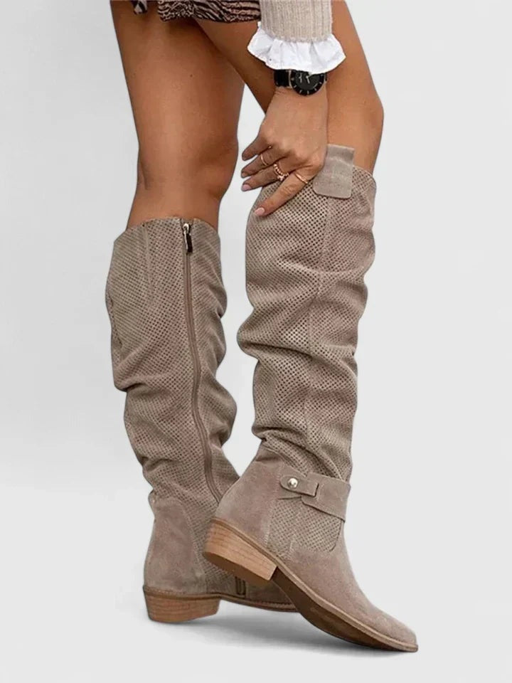 Rowan - Women's Suede Knee-High Boots with Block Heel