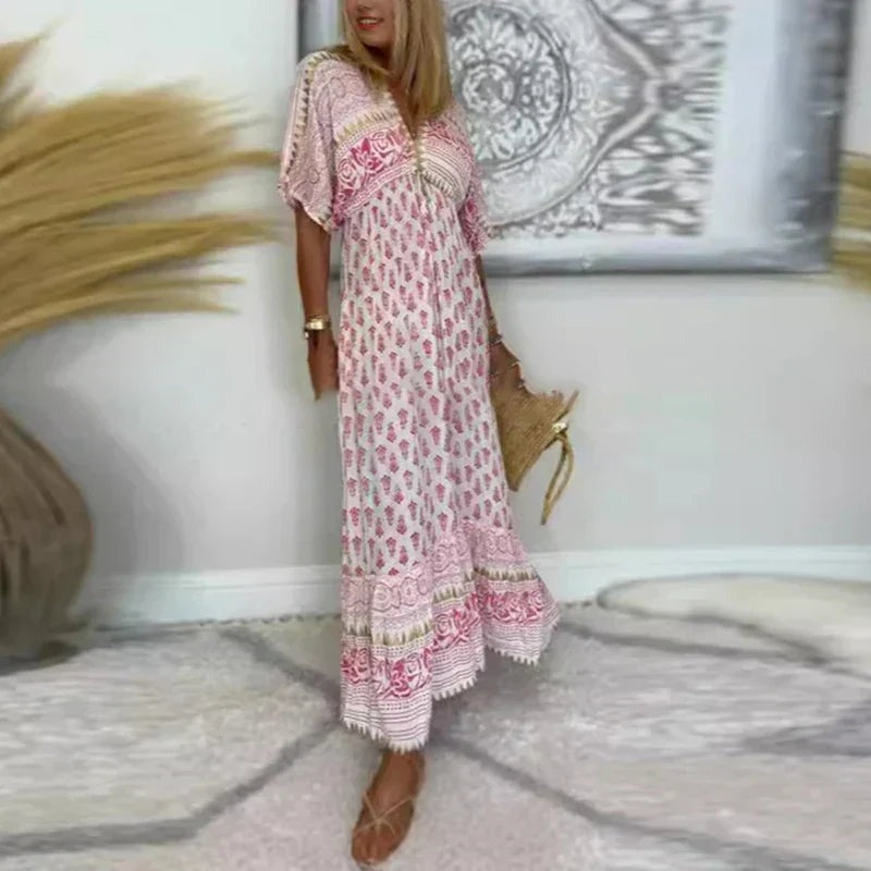 Women's Boho Print V Neck Maxi Dress - photo 2