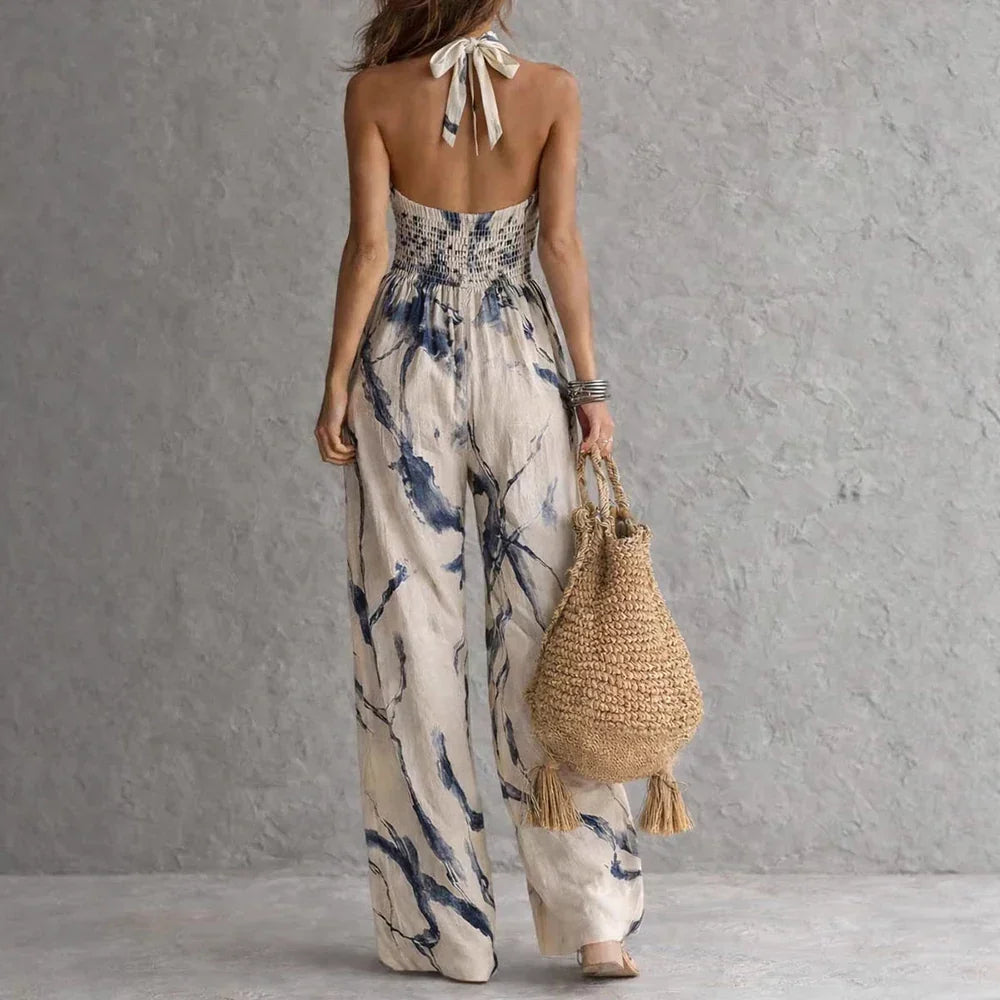 Women's Watercolor Print Halter Neck Summer Jumpsuit