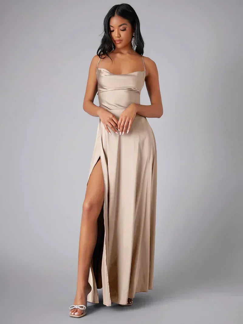 Women's Satin Maxi Evening Dress with High Slit - photo 1