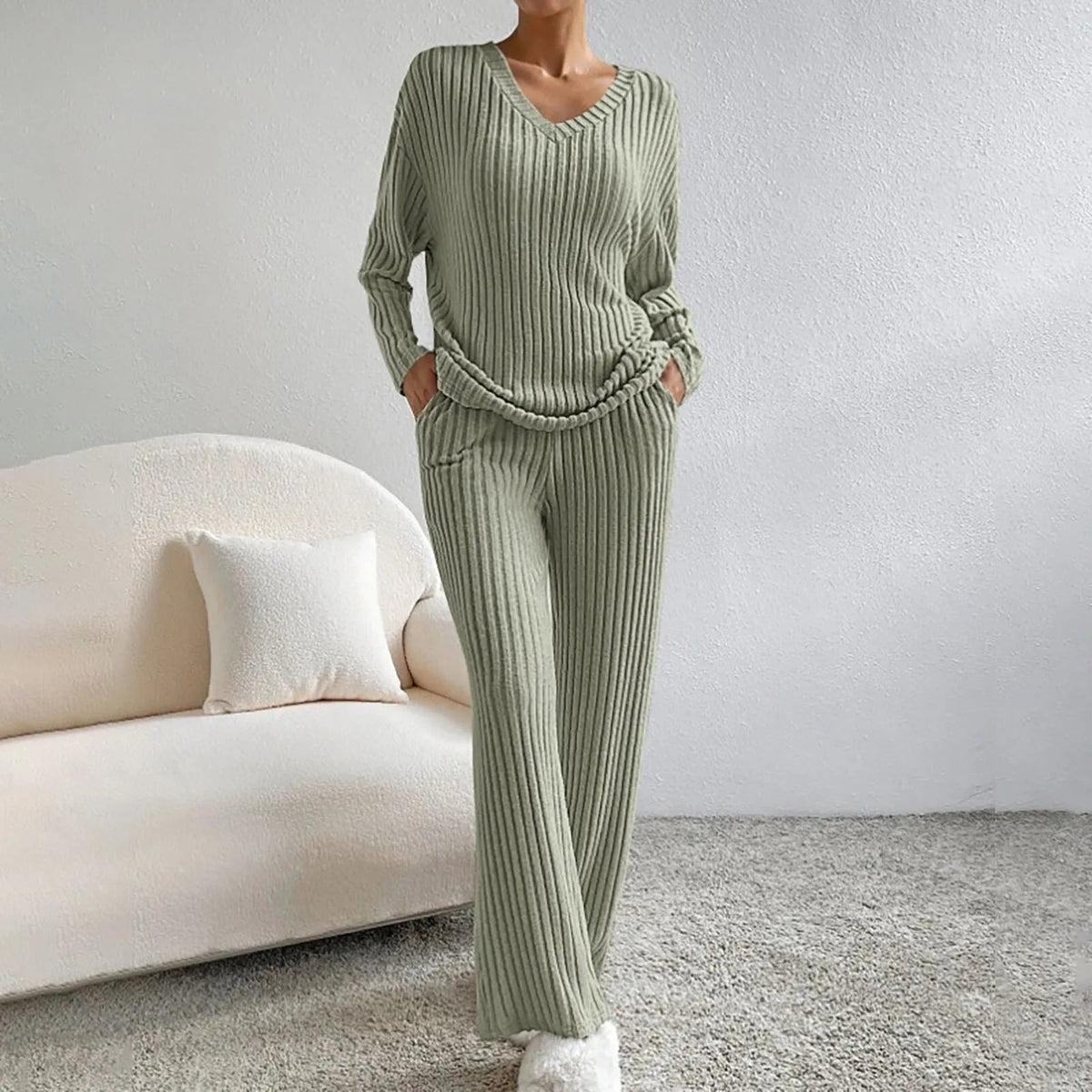 Stella - Women's V-Neck Ribbed Knit Lounge Set - photo 5