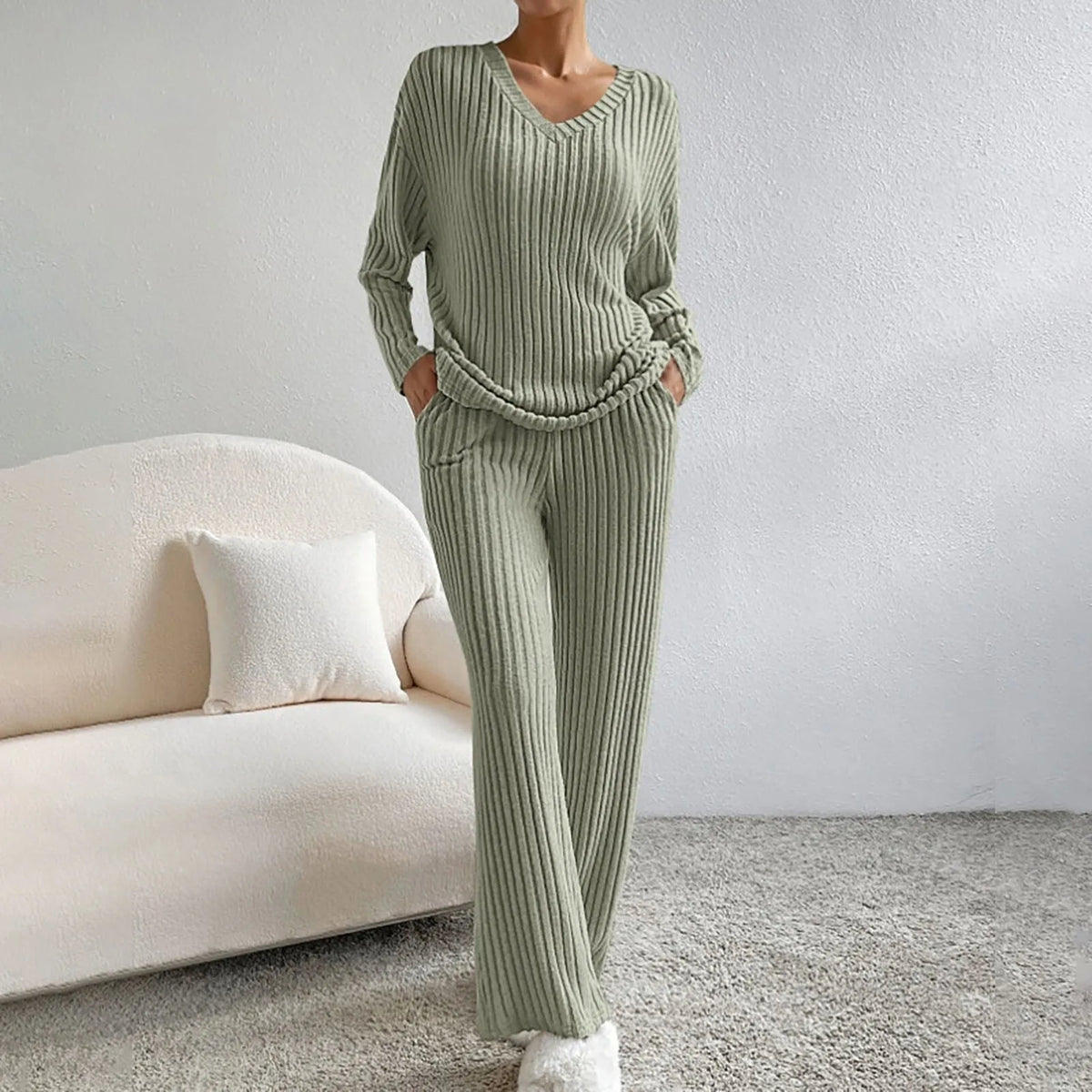 Stella - Women's V-Neck Ribbed Knit Lounge Set - photo 5