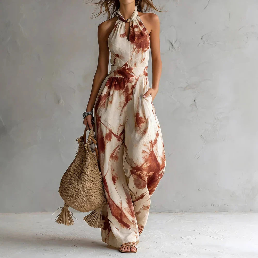 Women's Watercolor Print Halter Neck Summer Jumpsuit