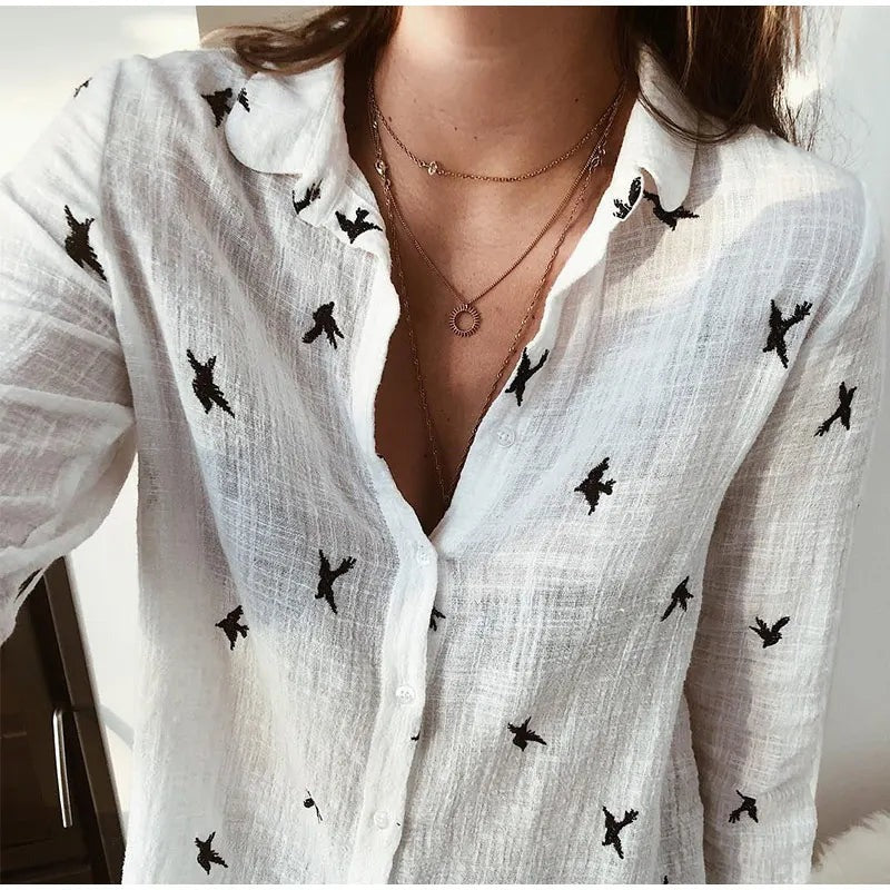 Scarlett - Women's Relaxed Bird-Print Button-Up Blouse - photo 6
