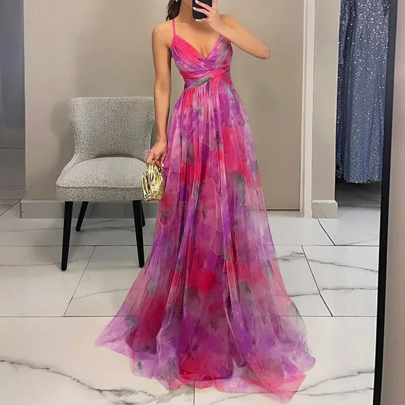 Rochie maxi elegantă de damă pentru invitată la nuntă cu decolteu în V