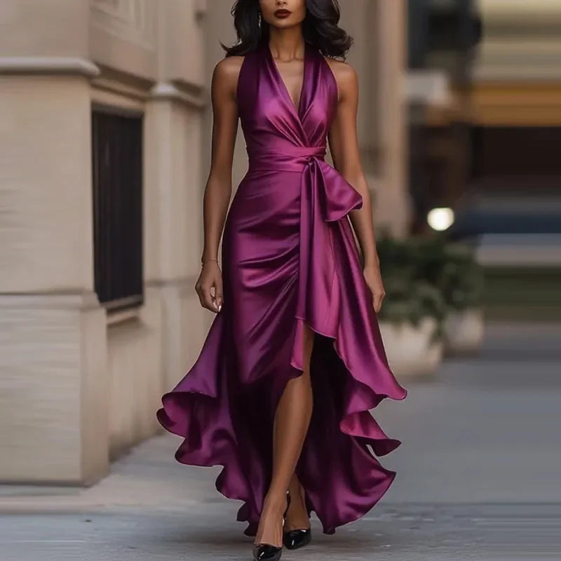 Robe de Soirée Femme Asymétrique à Épaules Dénudées et Détails Plissés