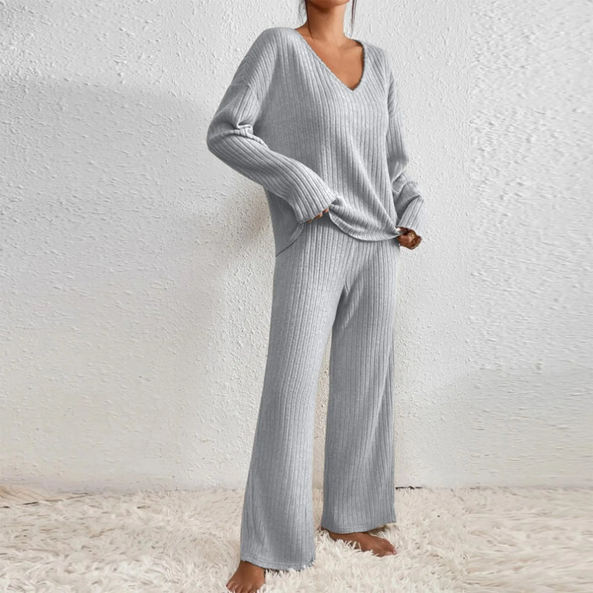 Stella - Women's V-Neck Ribbed Knit Lounge Set - photo 7