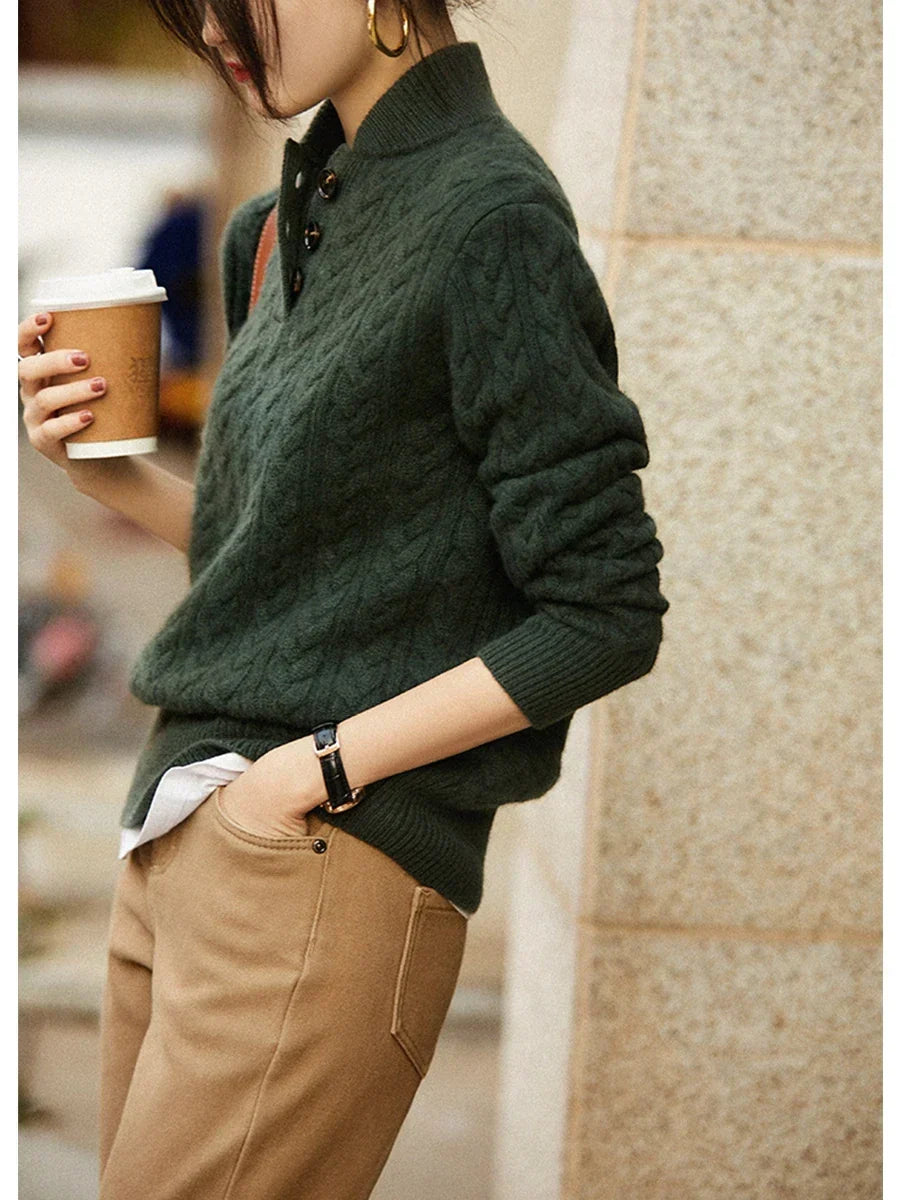Rhoswen - Women's Cable Knit Jumper with Button Neck