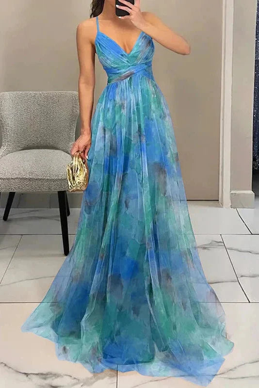 Abito lungo floreale da donna per invitate a nozze con gonna plissettata