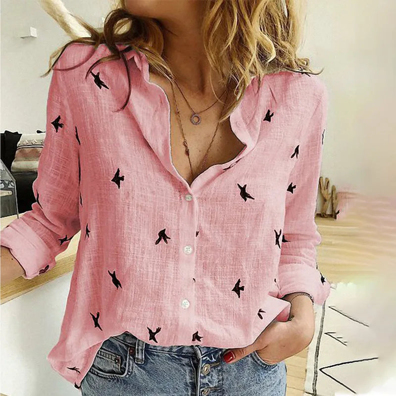 Scarlett - Women's Relaxed Bird-Print Button-Up Blouse - photo 1