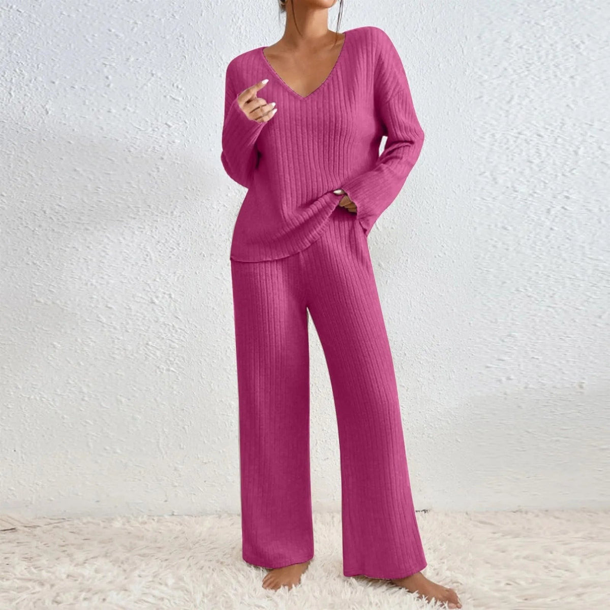 Stella - Women's V-Neck Ribbed Knit Lounge Set - photo 4