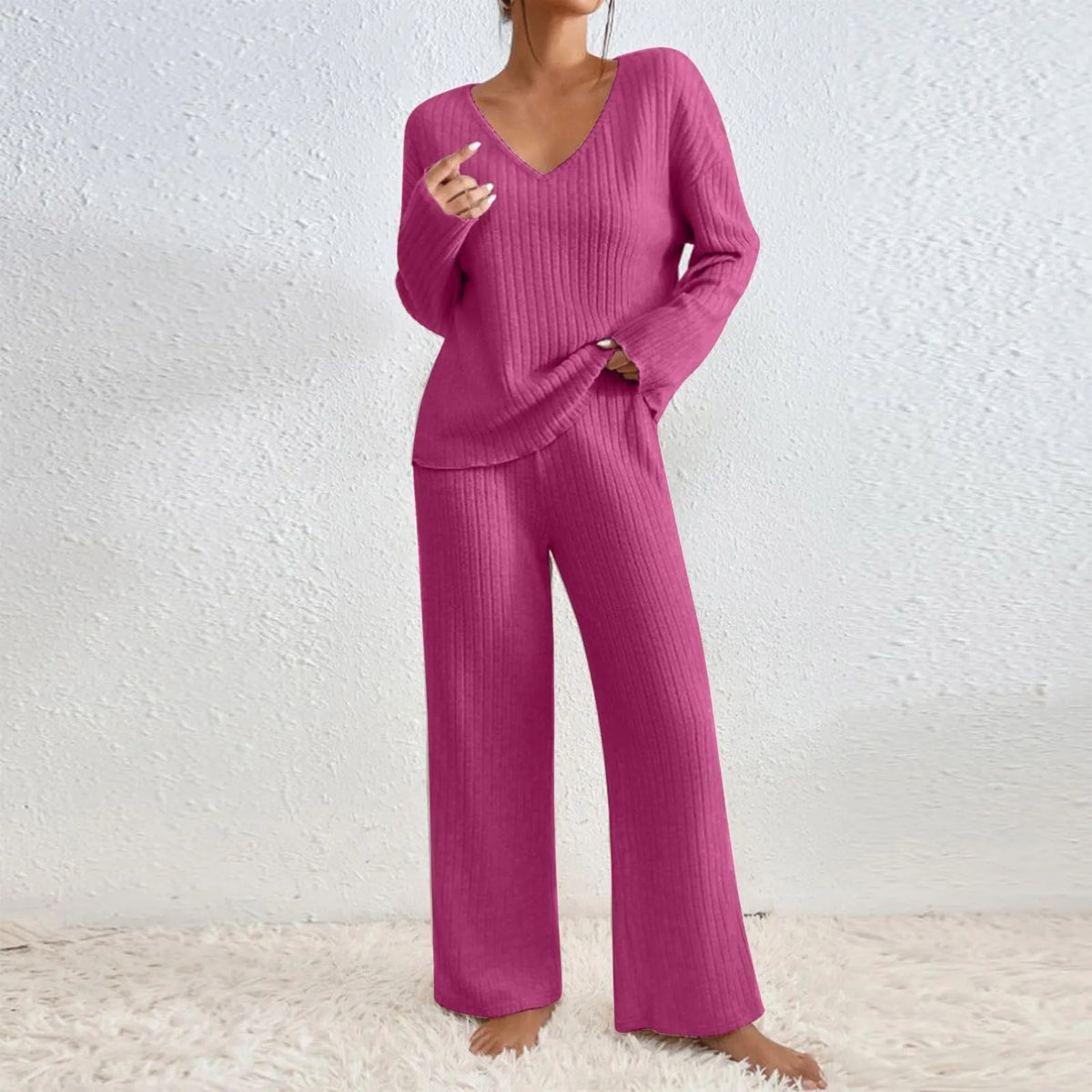 Stella - Women's V-Neck Ribbed Knit Lounge Set - photo 4
