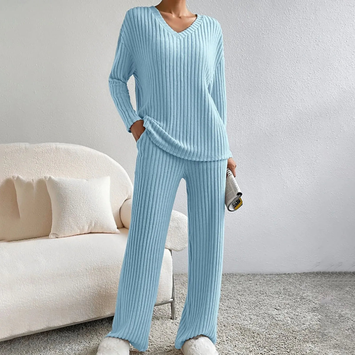 Stella - Women's V-Neck Ribbed Knit Lounge Set - photo 6