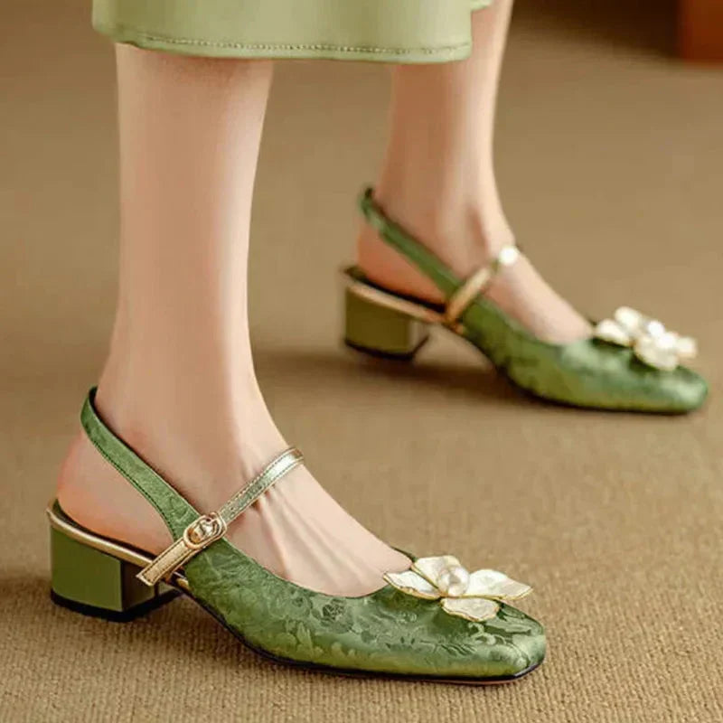 Pantofi florali de damă tip Mary Jane, cu toc gros și bareta la gleznă
