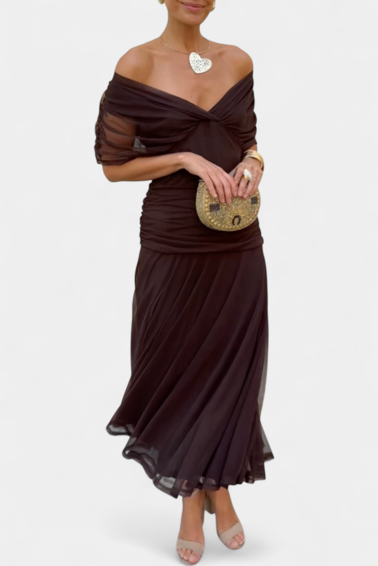 Robe Midi Femme à Épaules Dégagées et Jupe Fluide