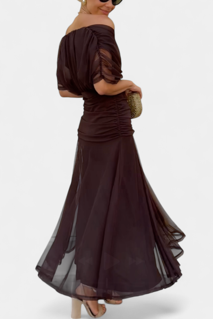 Robe Midi Femme à Épaules Dégagées et Jupe Fluide