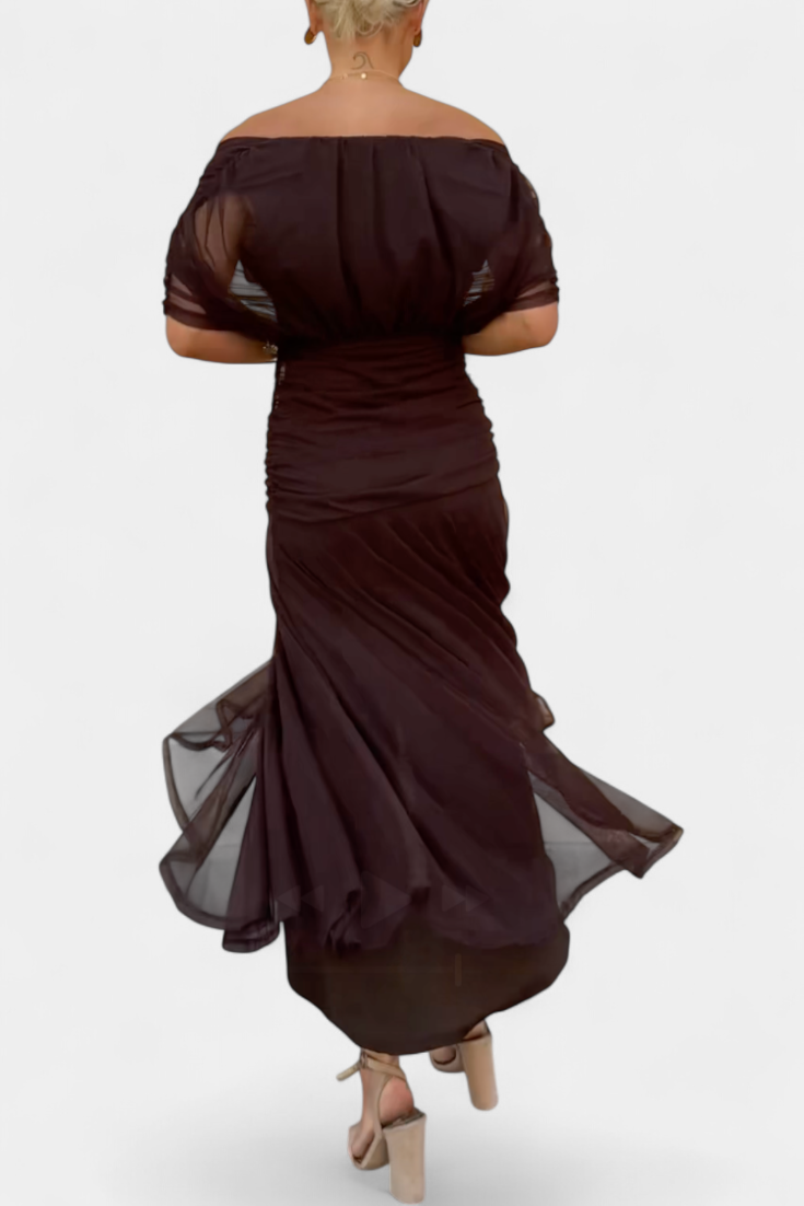 Robe Midi Femme à Épaules Dégagées et Jupe Fluide