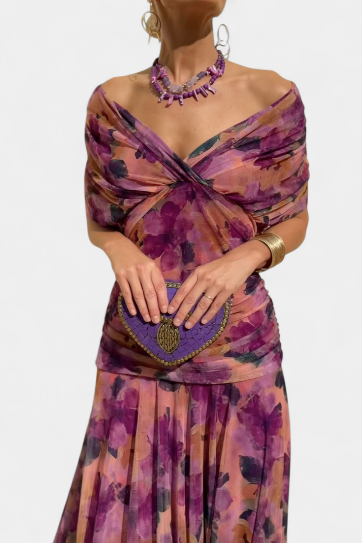 Robe Midi Femme à Épaules Dégagées et Jupe Fluide