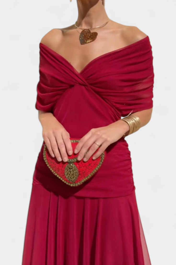 Robe Midi Femme à Épaules Dégagées et Jupe Fluide