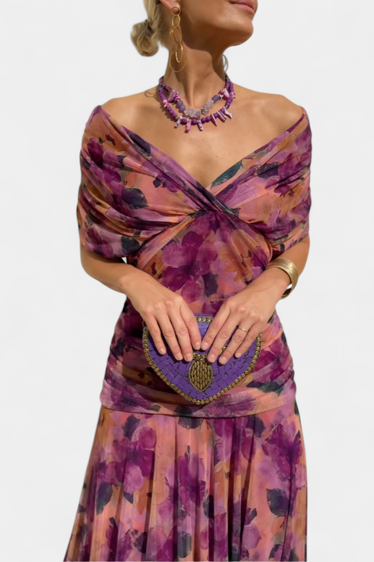 Robe Midi Femme à Épaules Dégagées et Jupe Fluide