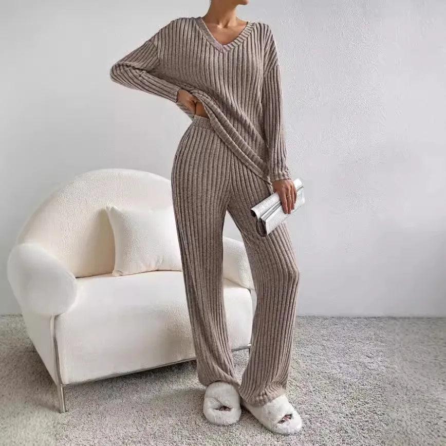 Stella - Women's V-Neck Ribbed Knit Lounge Set - photo 2