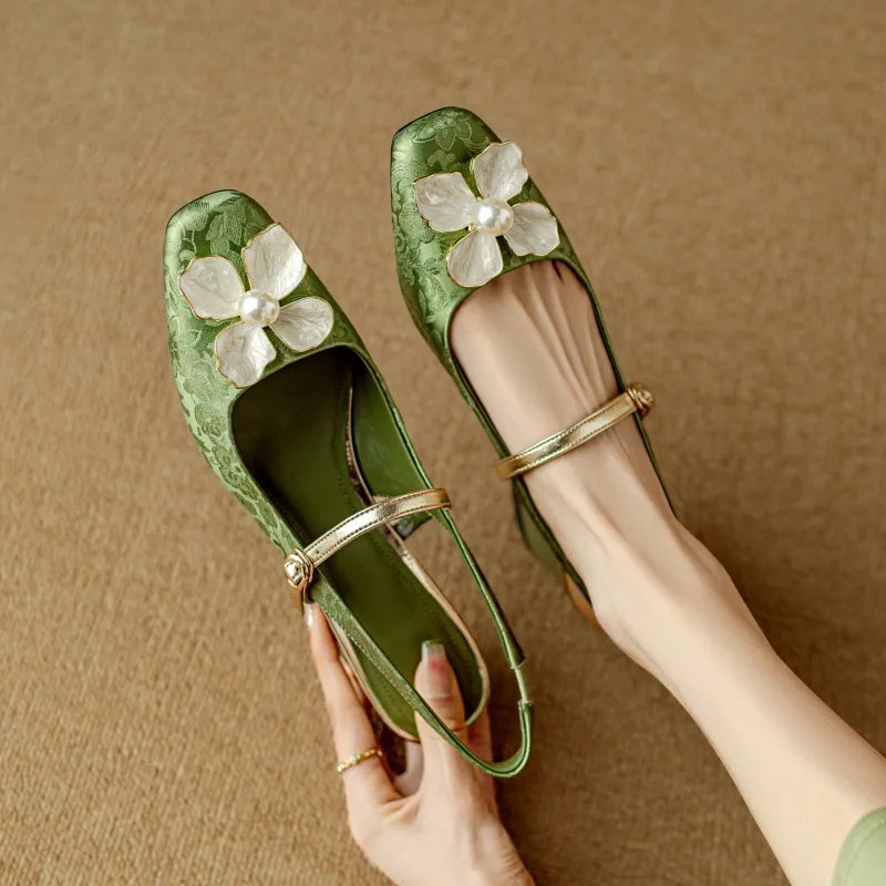 Pantofi florali de damă tip Mary Jane, cu toc gros și bareta la gleznă