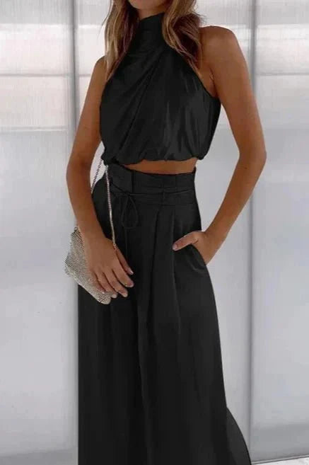 Danalyn - Set co-ord de vară de damă cu top fără mâneci cu decolteu American și pantaloni evazați