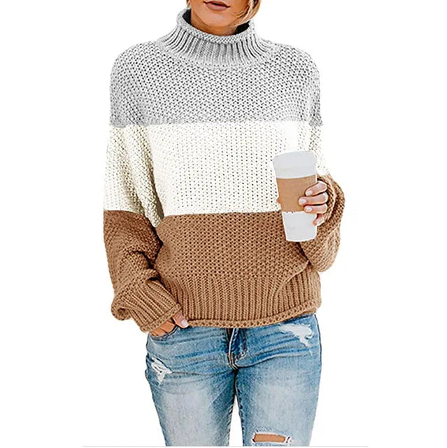 Women's Eleanor - Elegant Turtleneck Sweater - Grey / White / Brown
