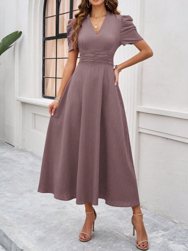 Cecily - Abito midi da donna con scollo a V, maniche a sbuffo e vita arricciata