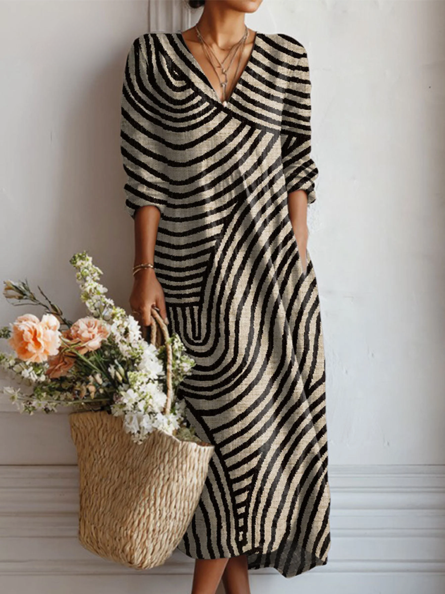 Women's Vintage Geometric Linen Dress with Pockets - photo 1