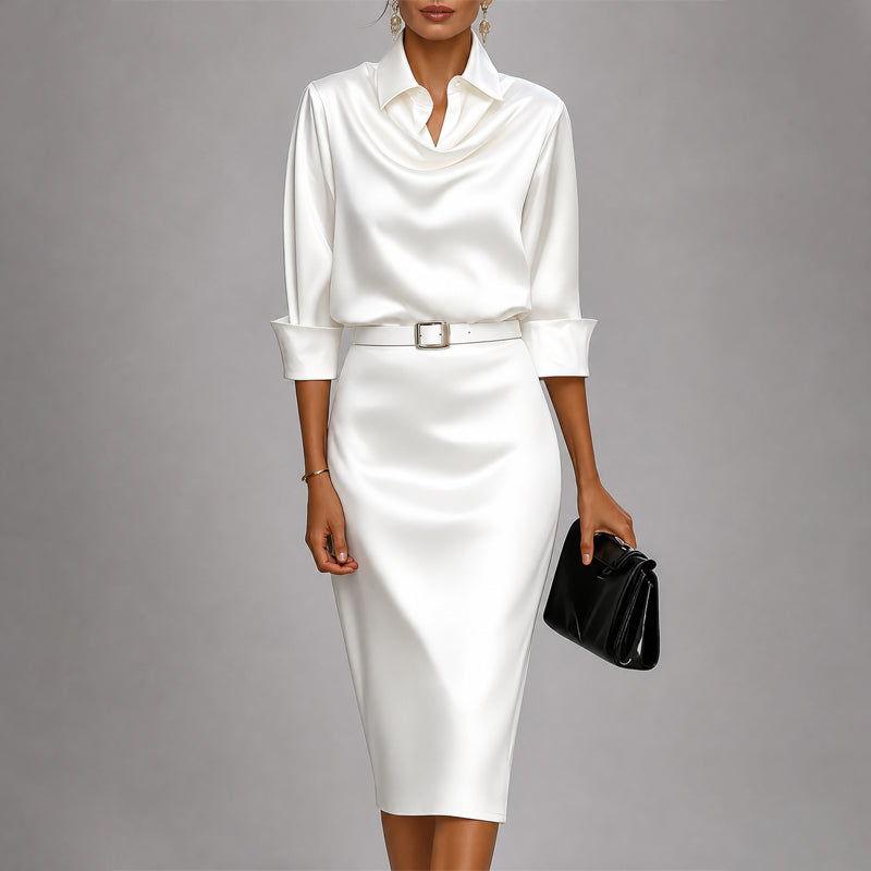 Victoria - Women's Draped Cowl Neck Satin Midi Dress - photo 1
