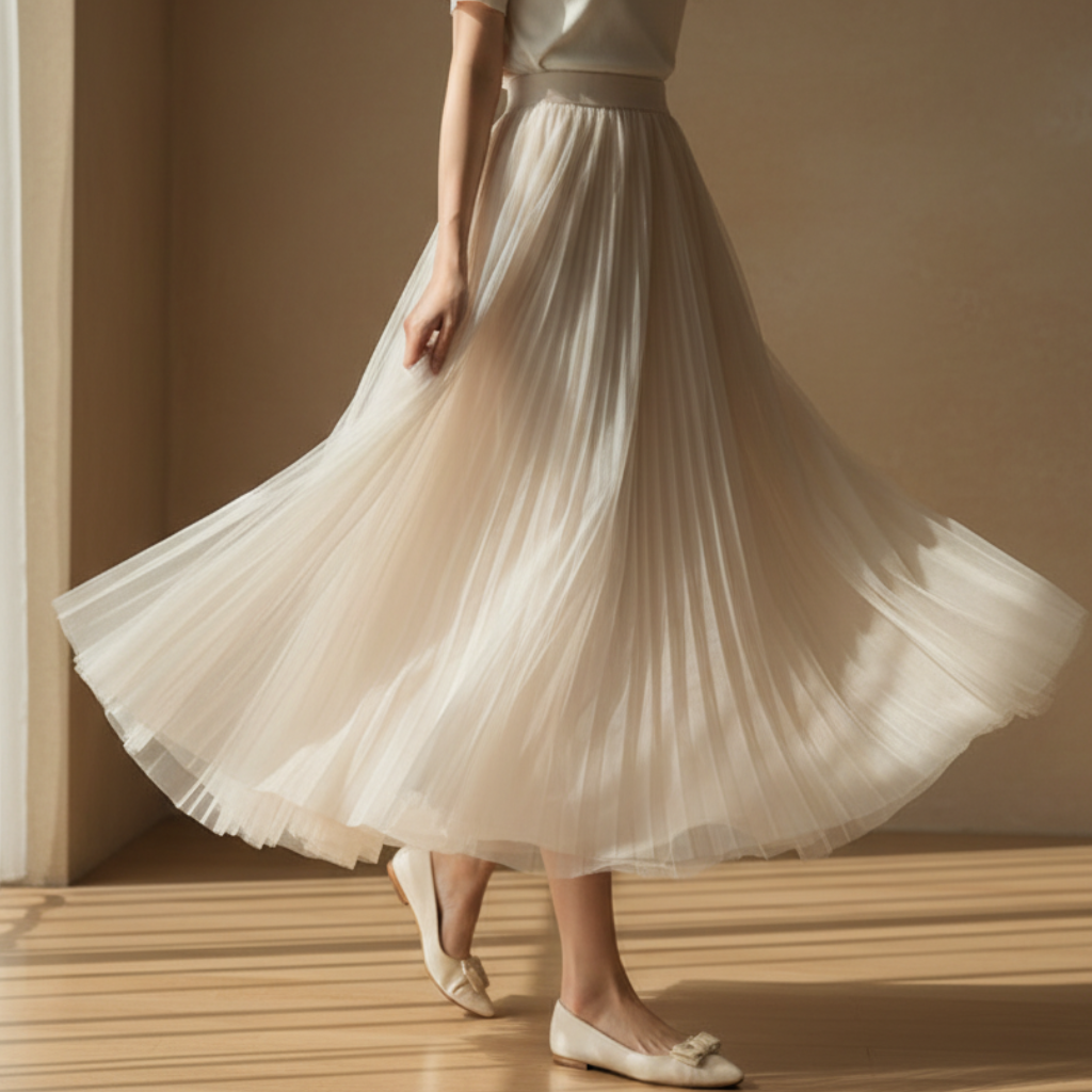 Jupe Midi Femme Plissée Taille Haute à Silhouette