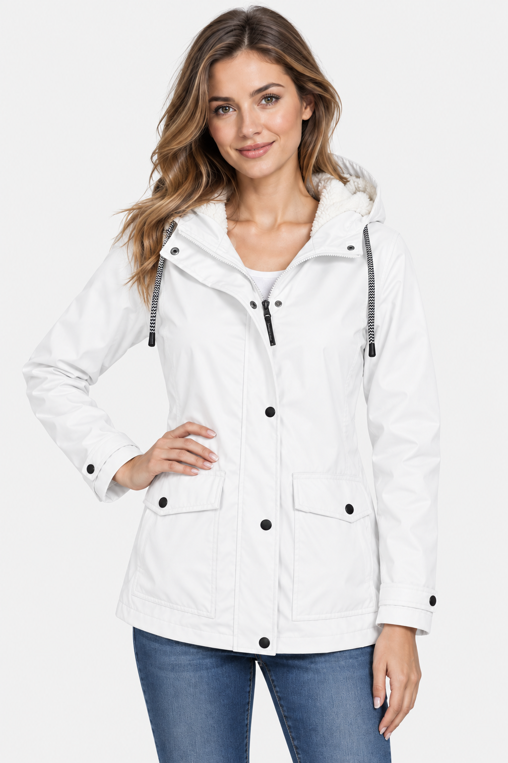 Women's Fleece Lined Hooded Raincoat - White