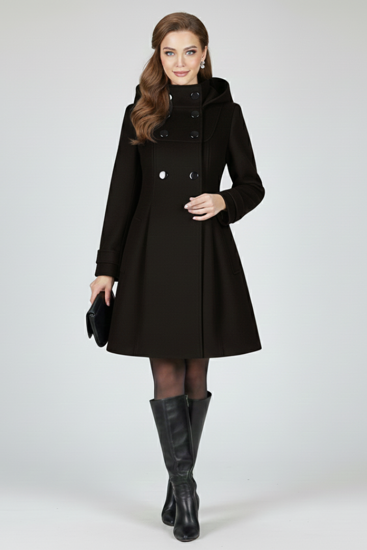 Cappotto da donna con cappuccio e doppia bottonatura davanti