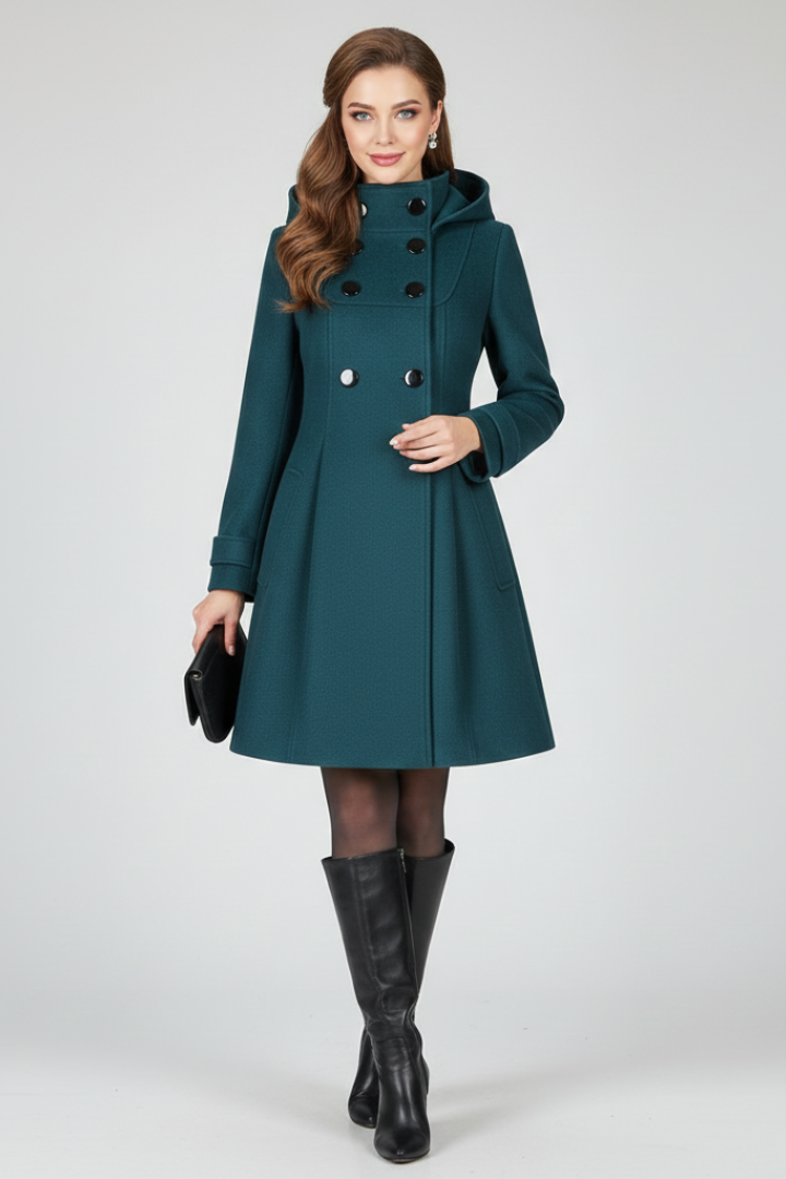 Cappotto da donna con cappuccio e doppia bottonatura davanti