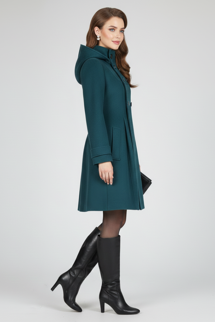 Cappotto da donna con cappuccio e doppia bottonatura davanti