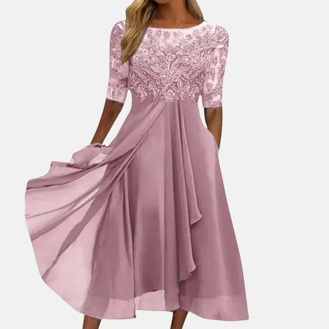 Women's Lace Wedding Guest Midi Dress with Long Sleeves - photo 2