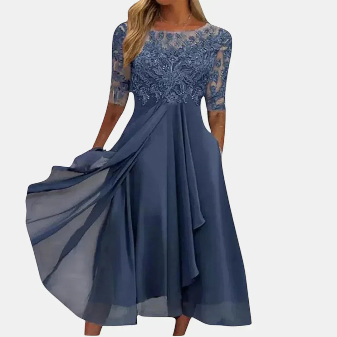 Women's Lace Wedding Guest Midi Dress with Long Sleeves - photo 1