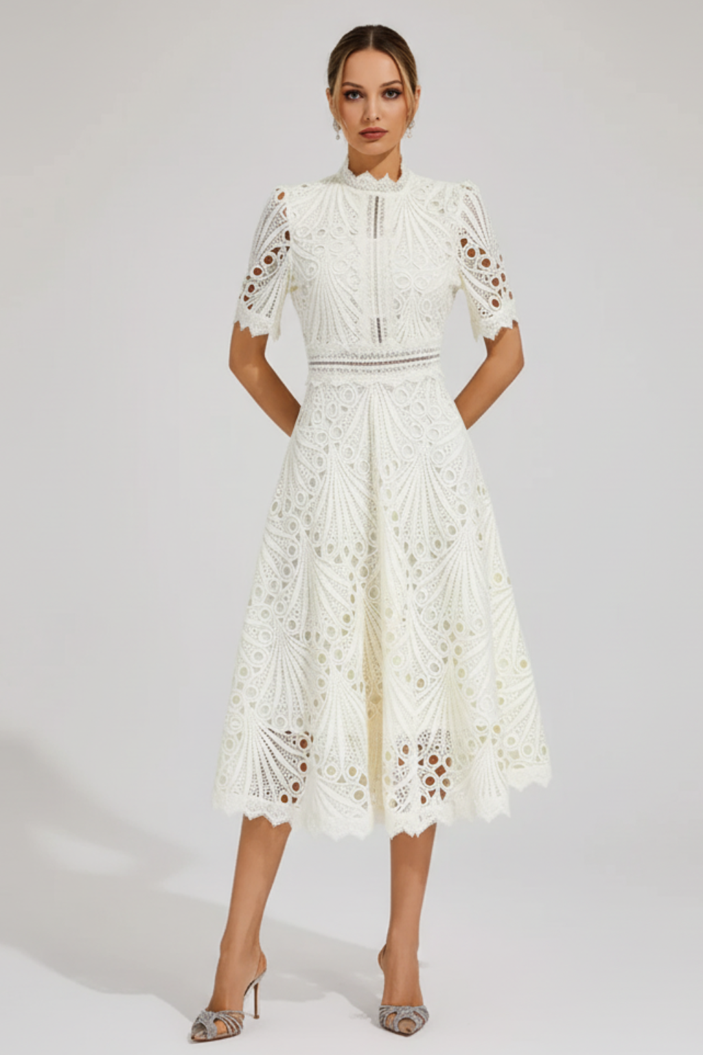 Rochie midi elegantă mulată din dantelă, cu guler înalt și mânecă scurtă, pentru petrecere, pentru femei