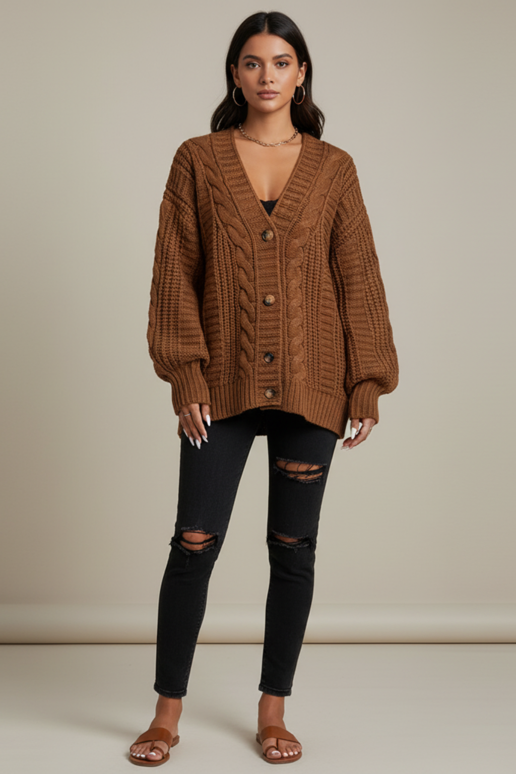 Cardigan oversize tricotat cu model împletit, pentru femei