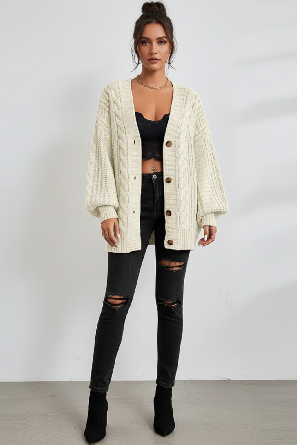 Cardigan oversize tricotat cu model împletit, pentru femei