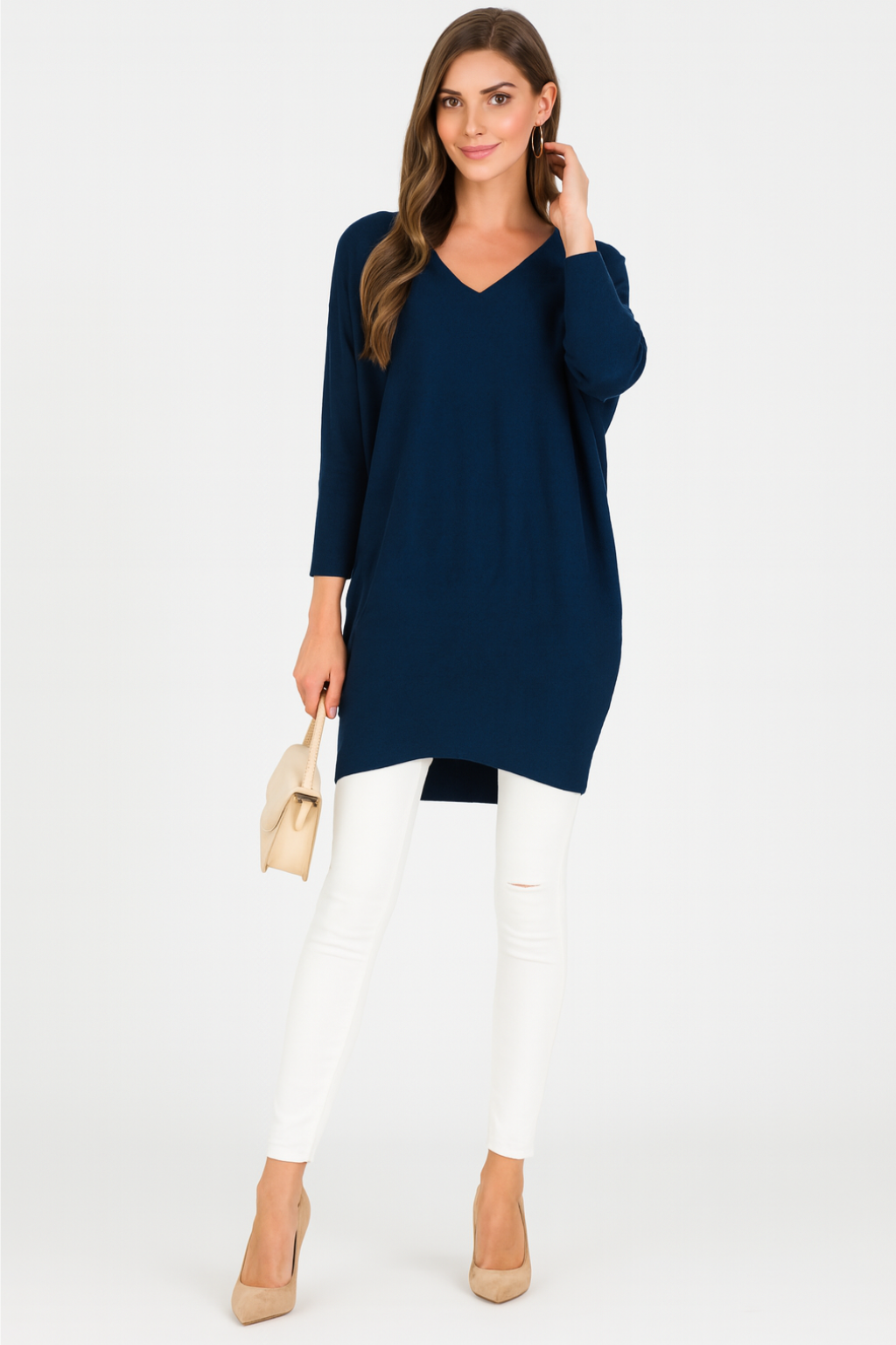 Pulover oversize cu decolteu în V, pentru femei