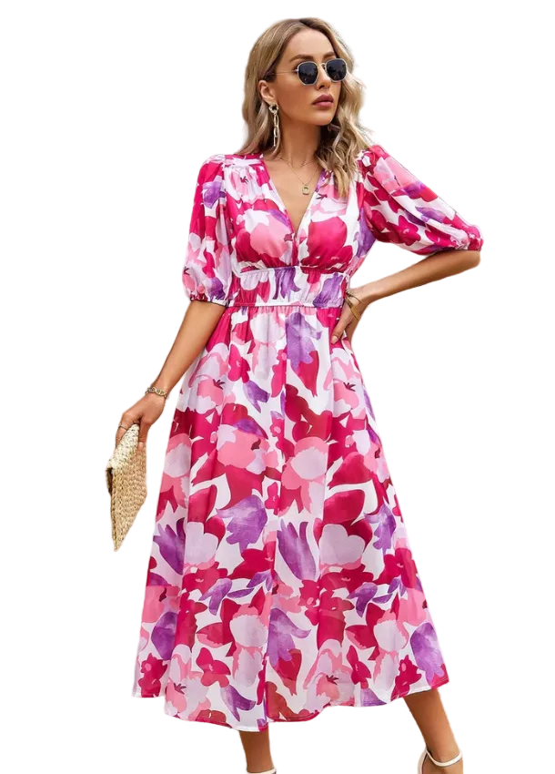 Women's Printed Midi Dress with V-Neck and Puff Sleeves - photo 1