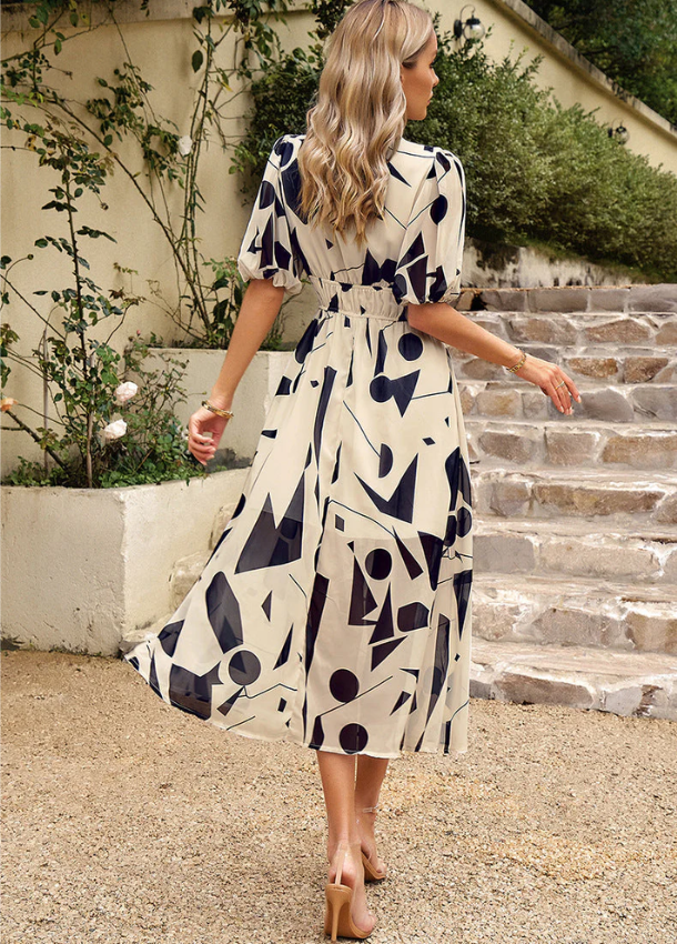 Women’s Printed Midi Dress with V-neck and Puff Sleeves