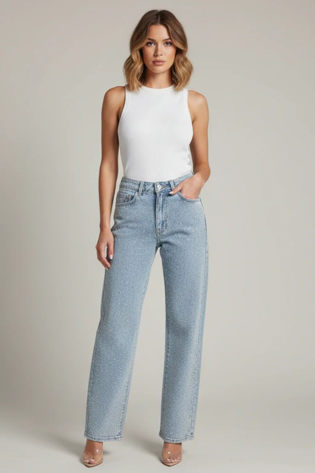 Women’s Sparkling Rhinestone Straight Leg Jeans Trendy Sparkle Denim - photo 1